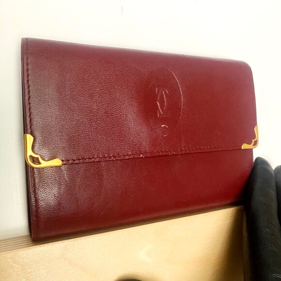 Vintage Cartier Tri-fold Mastline Bordeaux Wallet w/ Kiss Lock Coin - Picture 3 of 11